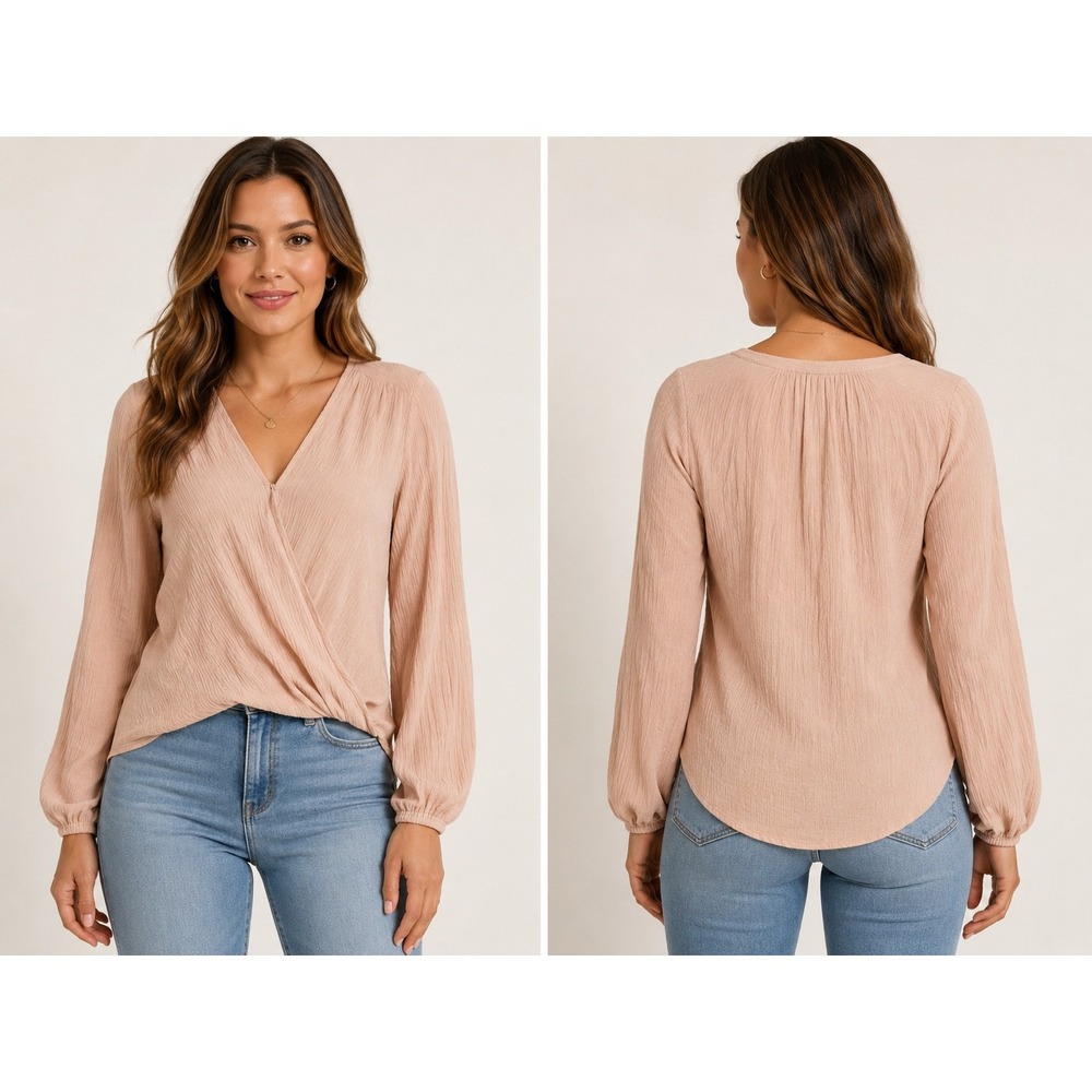 Free People Womens Blush Pink Gauze Surplice Long Sleeve Blouse Size M